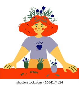 Ecology and green world illusration. Mother Earth day concept. Girl with plant in hair vector 