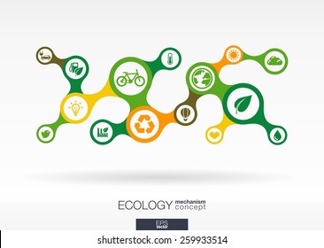  Ökologie. Abstrakter Hintergrund für Wachstum mit verbundenen Metaballen und integrierten Symbolen für umweltfreundliche, Energie-, Umwelt-, Umwelt-, Recycling-, Bio- und globale Konzepte. Interaktive Vektorgrafik.