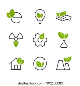 Ecology half colored vector icon set - green leaves, palm, bulb, wheel, house, plant, sprout, and others symbols