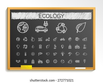 Ecology hand drawing line icons. Vector doodle pictogram set: chalk sketch sign illustration on blackboard with hatch symbols: energy, eco friendly, environment, tree, green, recycle, bio, clean