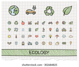 Ecology hand drawing line icons. Vector doodle pictogram set: color pen sketch sign illustration on paper with hatch symbols: energy, eco friendly, environment, tree, green, recycle, bio, clean