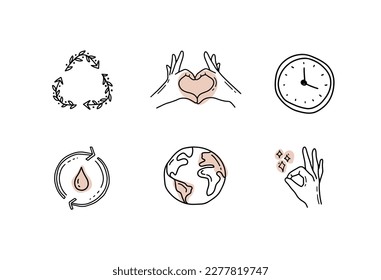 Ecology hand drawn icon set, nature and environment. Save the planet. Protection, planet care, natural recycling power. 