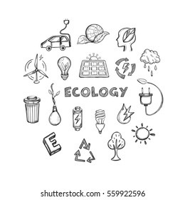 Ecology hand drawn icons set of alternative energy climate protection and environment save isolated vector illustration