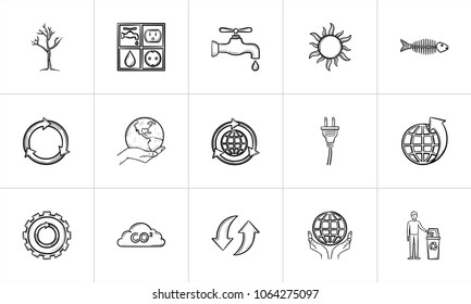 Ecology hand drawn outline doodle icon set for print, web, mobile and infographics. Ecology vector sketch illustration set isolated on white background.