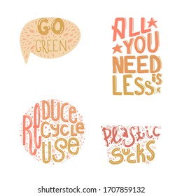 Ecology hand drawn slogan. set of lettering posters