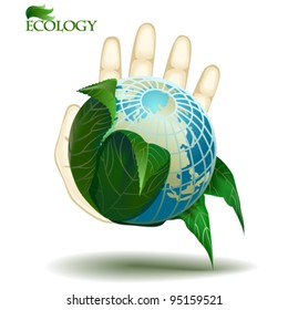 ecology, hand holding earth, emblem