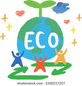 Ecology hand-drawn illustration of people living with the earth