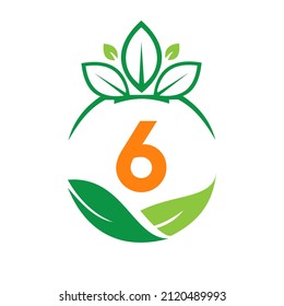 Ecology Health On Letter 6 Eco Organic Logo Fresh, Agriculture Farm Vegetables. Healthy Organic Eco Vegetarian Food 6 Logotype Design Vector template