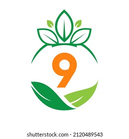 Ecology Health On Letter 9 Eco Organic Logo Fresh, Agriculture Farm Vegetables. Healthy Organic Eco Vegetarian Food 9 Logotype Design Vector template