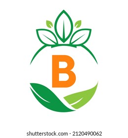 Ecology Health On Letter B Eco Organic Logo Fresh, Agriculture Farm Vegetables. Healthy Organic Eco Vegetarian Food B Logotype Design Vector template