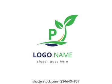 Ecology Health On Letter P Eco Organic Logo Fresh, Agriculture Farm Vegetables logo Design Vector template