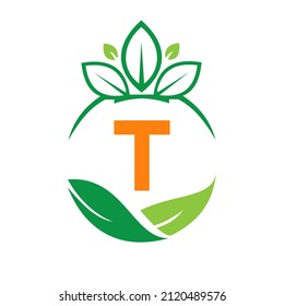 Ecology Health On Letter T Eco Organic Logo Fresh, Agriculture Farm Vegetables. Healthy Organic Eco Vegetarian Food T Logotype Design Vector template