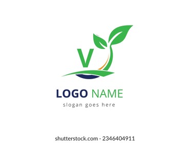 Ecology Health On Letter V Eco Organic Logo Fresh, Agriculture Farm Vegetables logo Design Vector template