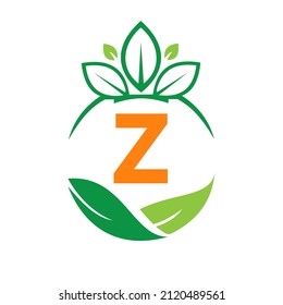 Ecology Health On Letter Z Eco Organic Logo Fresh, Agriculture Farm Vegetables. Healthy Organic Eco Vegetarian Food Z Logotype Design Vector template