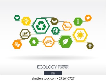 Ecology. Hexagon abstract background with lines, polygons, and integrate flat icons: eco friendly, energy, environment, green, recycle, bio and global concepts. Vector interactive illustration.