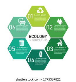 ecology hexagon infographics green with six element. sustainable and environmental friendly concept. vector illustration in flat style modern design. isolated on white background. 