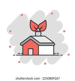 Ecology home icon in comic style. House with leaf cartoon vector illustration on white isolated background. Botanical building splash effect sign business concept.