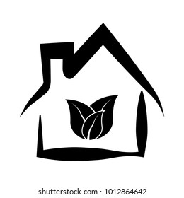 Ecology home icon. Green house and leaves. Real estate. Image for web applications, mobile applications, print. Outline vector.