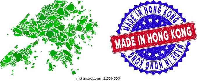 Ecology Hong Kong map collage of herbal leaves in green color tinges with grunge bicolor Made in Hong Kong seal stamp.