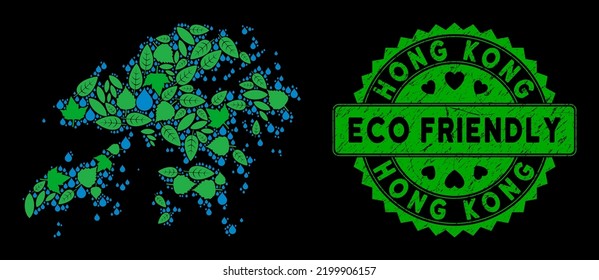 Ecology Hong Kong map collage of herbal leaves and water drops, and ECO FRIENDLY quality stamp. Hong Kong map is designed with green herbal parts and blue water drops.