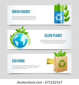 Ecology horizontal banners in paper design with green energy clean planet and eco home realistic signs vector illustration