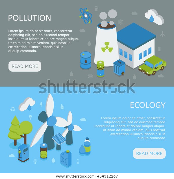 Ecology horizontal isometric banners with environmental\
pollution green energy on grey and blue backgrounds isolated vector\
illustration 