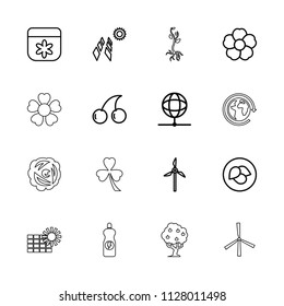 Ecology icon. collection of 16 ecology outline icons such as leaf, flower, cherry, solar panel, globe, mill, nest, tree, clover. editable ecology icons for web and mobile.