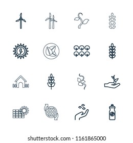 Ecology icon. collection of 16 ecology outline icons such as tree, hand with seeds, energy drink, plant, plant on hand, sun battery. editable ecology icons for web and mobile.