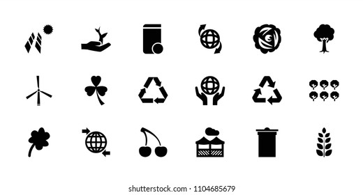 Ecology icon. collection of 18 ecology filled icons such as tree, clover, trash bin, qround the globe, holding globe, pergola. editable ecology icons for web and mobile.