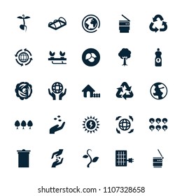 Ecology icon. collection of 25 ecology filled icons such as leaf, tree, hand with seeds, house, trash bin, greenohuse, sprout. editable ecology icons for web and mobile.