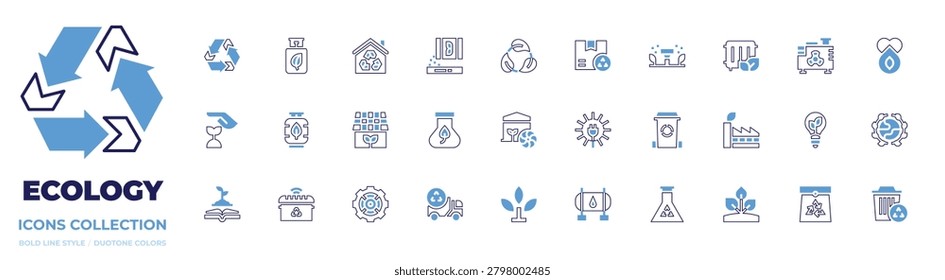 Ecology icon collection. Bold line style. Duotone colors. flask, love, world, recycle bin, biogas, recycle sign, cooling system, heating, home, smart trash.
