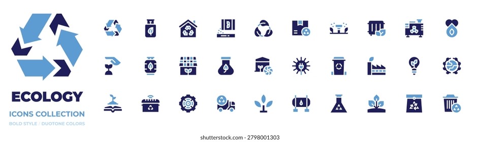 Ecology icon collection. Bold style. Duotone colors. flask, love, world, recycle bin, biogas, recycle sign, cooling system, heating, home, smart trash.