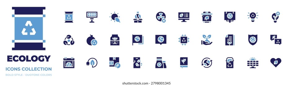 Ecology icon collection. Bold style. Duotone colors. reuse, love, electricity, sustainable, lightbulb, nuclear energy, billboard, shield, solar panel.
