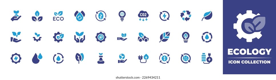 Ecology icon collection. Duotone color. Vector illustration. Containing plant, eco friendly fabric, eco friendly, recycling, environment, idea, co emission, renewable energy, organic product, leaves.