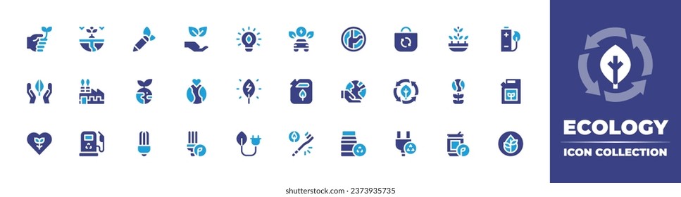 Ecology icon collection. Duotone color. Vector illustration. Containing eco friendly, ecology, eco fuel, eco, pencil, bag, earth, bio, light bulb, battery, lamp, plug, green energy, jerrycan.