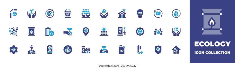 Ecology icon collection. Duotone color. Vector illustration. Containing eco friendly, eco house, eco fuel, eco product, solar panel, leaf, recycling, environment, factory, recycle, light bulb, battery