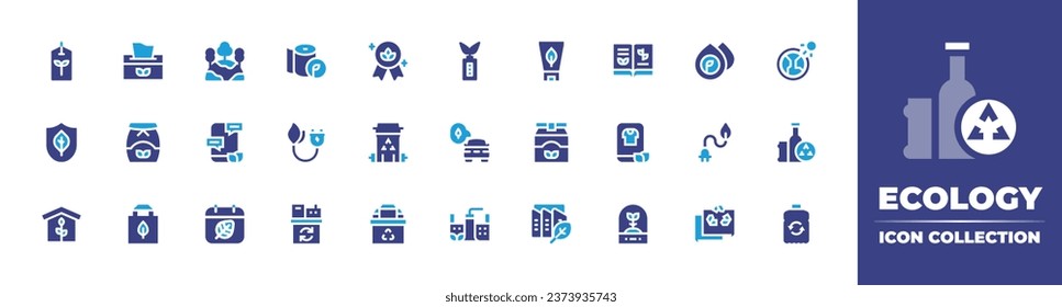 Ecology icon collection. Duotone color. Vector illustration. Containing packaging, bag, factory, tag, battery, ecology, eco car, house, ecological factory, recycling.