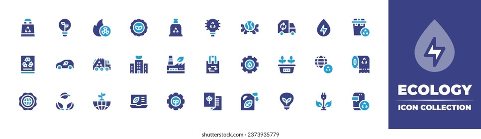 Ecology icon collection. Duotone color. Vector illustration. Containing green energy, award, eco car, eco, biodegradable, green power, bag, light bulb, recycle, recycled bag, badge, brochure, bio.