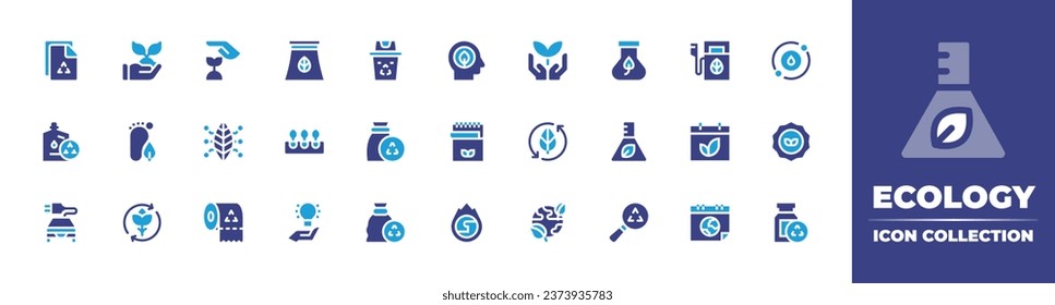 Ecology icon collection. Duotone color. Vector illustration. Containing plant, ecology, carbon footprint, ecological, recycle, sustainable, recycled paper, think green, notebook, electric vehicle.