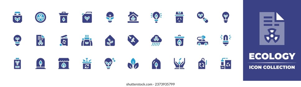 Ecology icon collection. Duotone color. Vector illustration. Containing eco bag, house, eco light, eco tag, battery, friendly, ecology, factory, car, organic, bioenergy, green.
