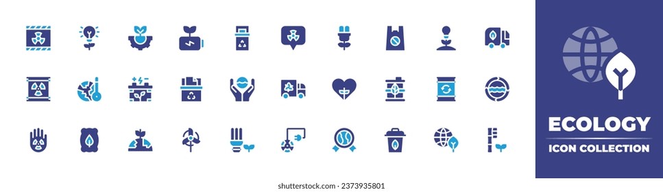 Ecology icon collection. Duotone color. Vector illustration. Containing battery, experience, recycling, windmill, planet earth, engineering, plastic bag, accumulator, barrel, planet, bin, innovation.