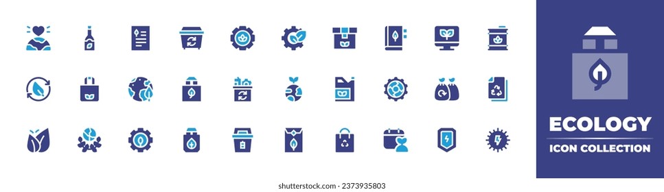 Ecology icon collection. Duotone color. Vector illustration. Containing earth, gear, recycling, eco friendly, eco packaging, ecology, solar energy, trash, computer, paper bag, garbage, bag, save.
