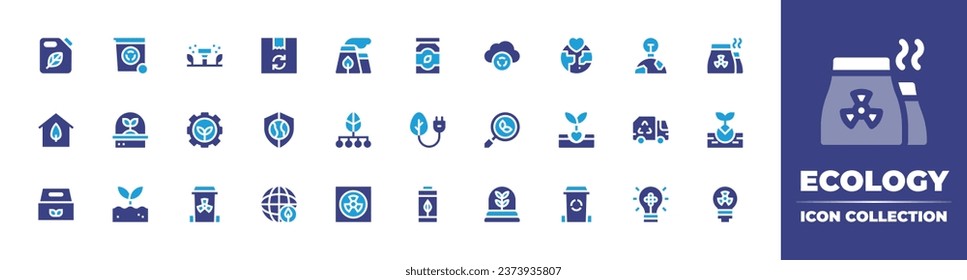 Ecology icon collection. Duotone color. Vector illustration. Containing eco packaging, fuel, eco, house, battery, sustainable, recycle bin, recycling, boxes, energy consumption, sprinkler.