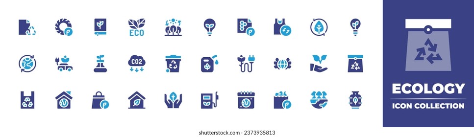 Ecology icon collection. Duotone color. Vector illustration. Containing eco, co emission, leaves, eco house, forest, paper, light bulb, save the planet, biofuel, bag, tire, beewax paper, electric car.