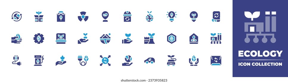 Ecology icon collection. Duotone color. Vector illustration. Containing package, eco friendly, gear, eco factory, eco fuel, eco car, reuse, recycling, hand, plant, energy, earth, green city.