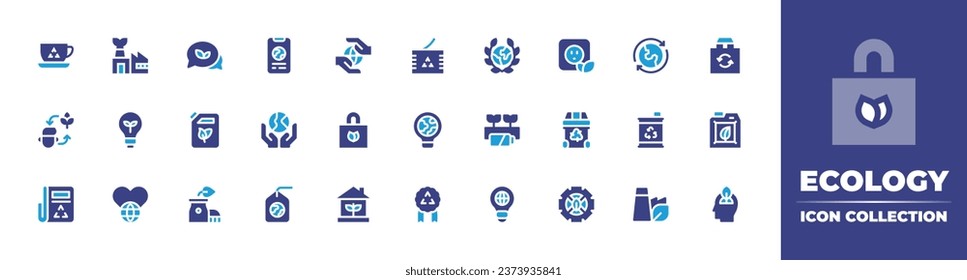 Ecology icon collection. Duotone color. Vector illustration. Containing eco factory, ecology, eco light, eco energy, idea, earth, bio, tag, green factory, recycle bag, shopping bag, biofuel.