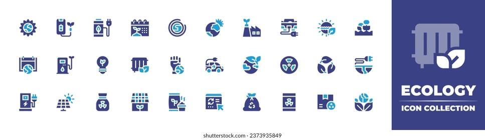 Ecology icon collection. Duotone color. Vector illustration. Containing eco, eco factory, energy, earth, solar panel, trash, ozone layer, farming, mother earth day, compost, save, world environment.