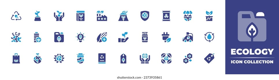 Ecology icon collection. Duotone color. Vector illustration. Containing packaging, friendly, ecology, eco, car, factory, factory, dye, bio energy, water, book, tag, planet earth.