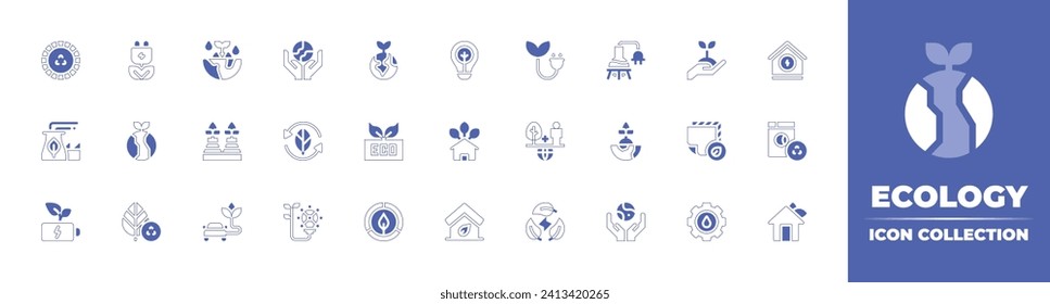 Ecology icon collection. Duotone style line stroke and bold. Vector illustration. Containing plant, eco friendly fabric, water system, green energy, balance, sustainability, eco packaging, eco factory