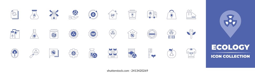 Ecology icon collection. Duotone style line stroke and bold. Vector illustration. Containing water cycle, badge, biomedical waste, green house, location, sprout, trash bin, house, planet earth.